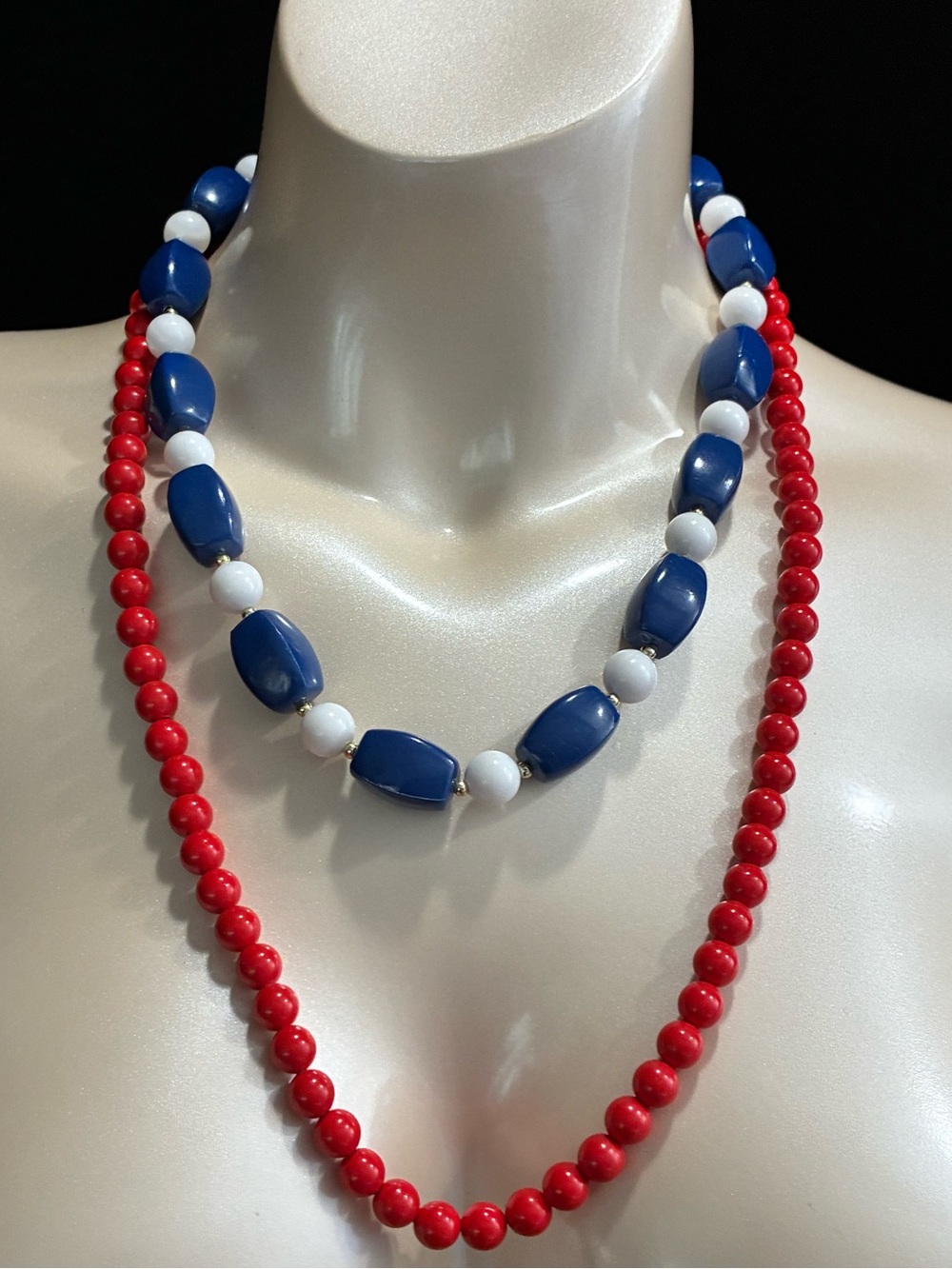 Patriotic Two-Strand Red, Blue & White Beaded VTG Retro Necklace’s Memorial Day